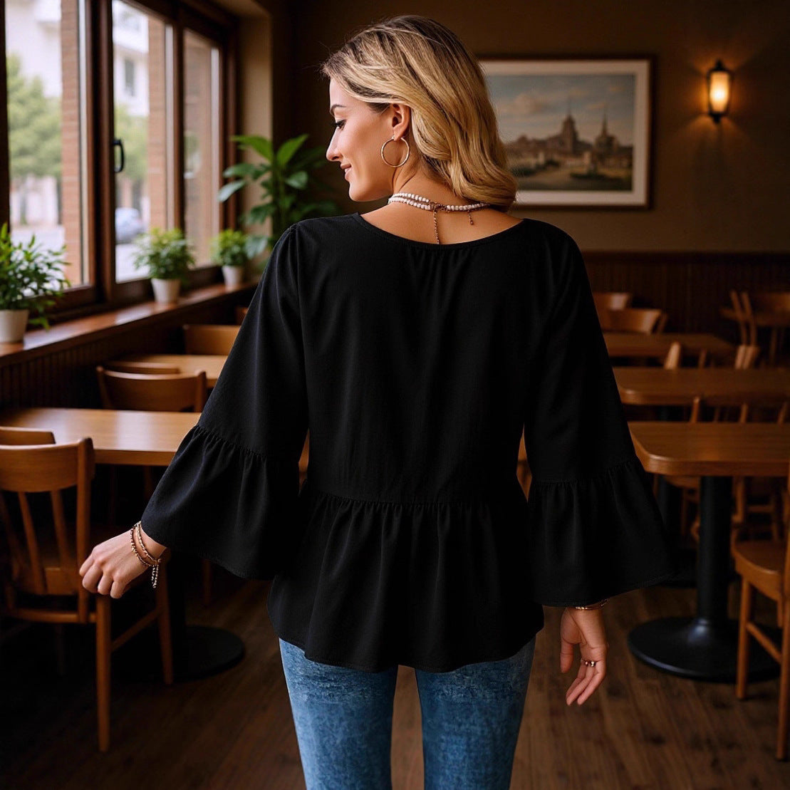 Women's Solid Color Casual Seven-point Flared Sleeve Shirt