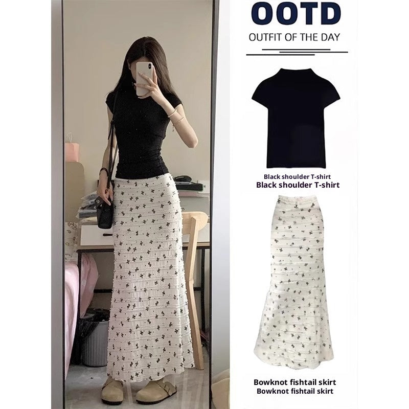 White Bow Floral Fishtail Midi Skirt For Women