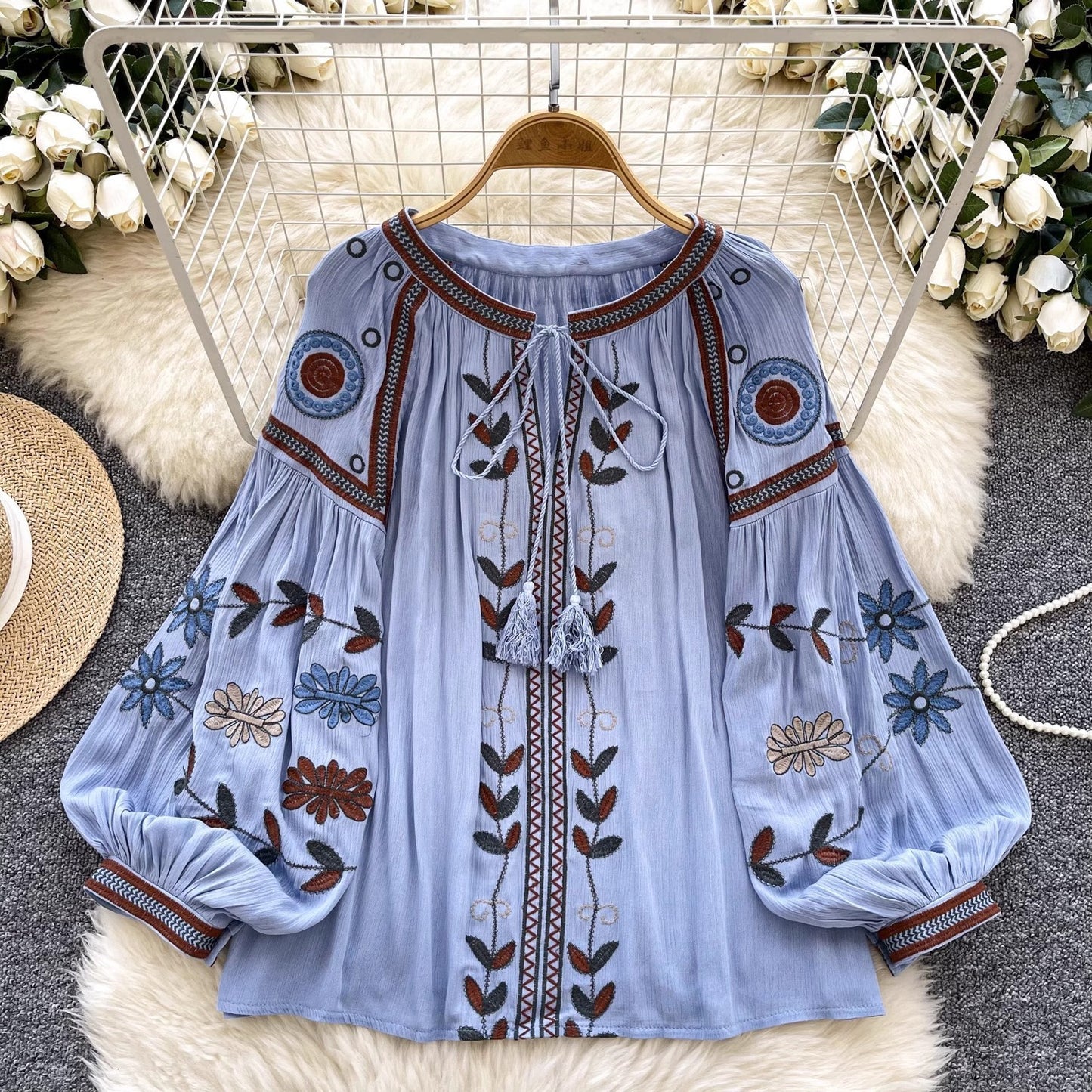 Round Neck Tie Lantern Sleeve Women's Autumn New Loose Shirt