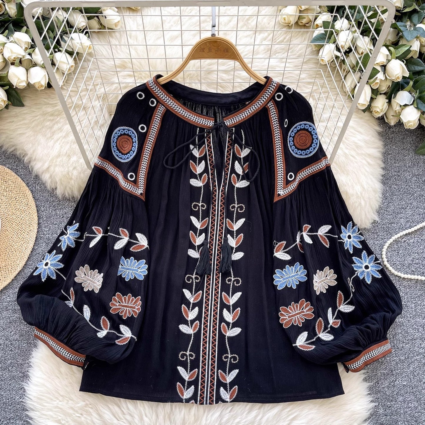 Round Neck Tie Lantern Sleeve Women's Autumn New Loose Shirt