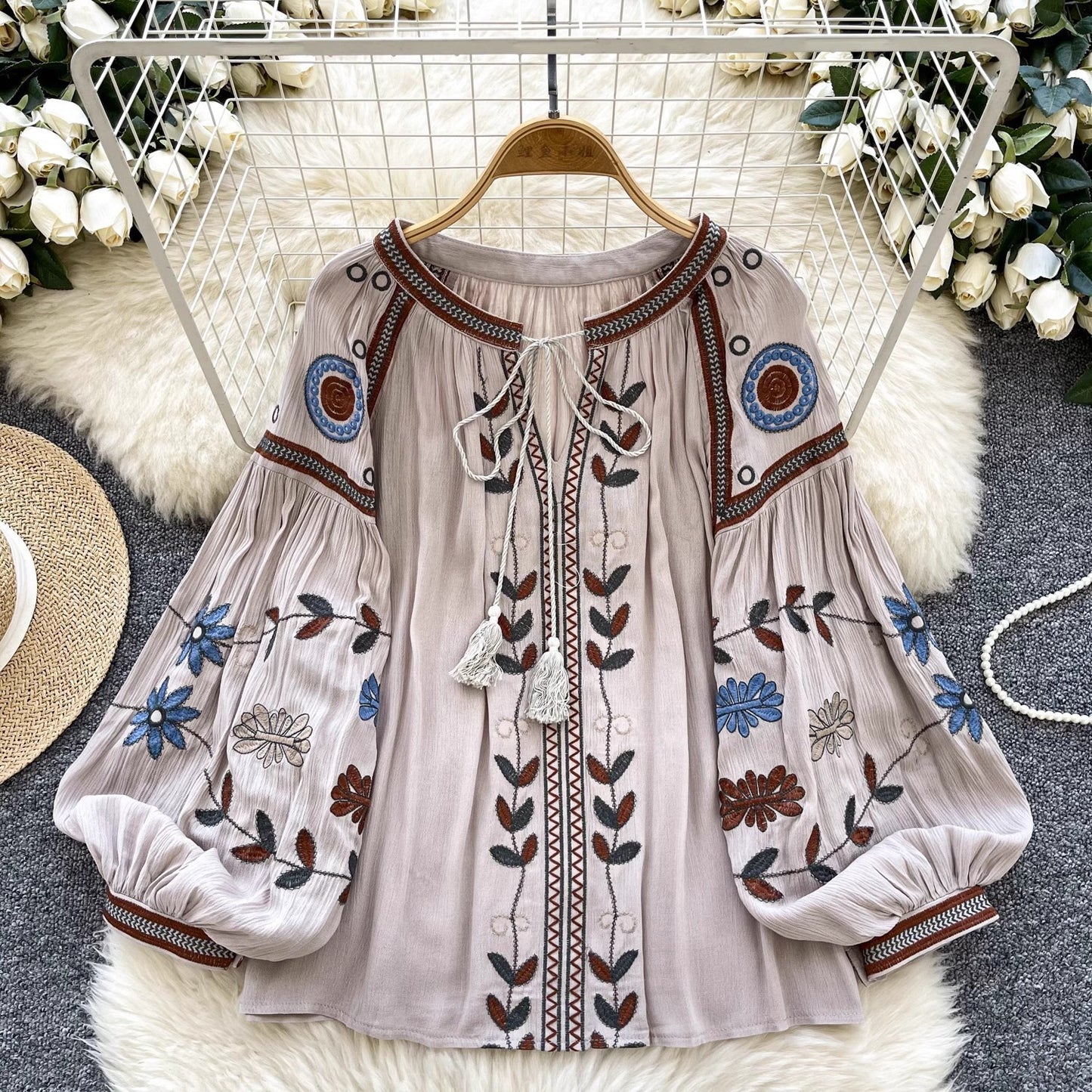 Round Neck Tie Lantern Sleeve Women's Autumn New Loose Shirt