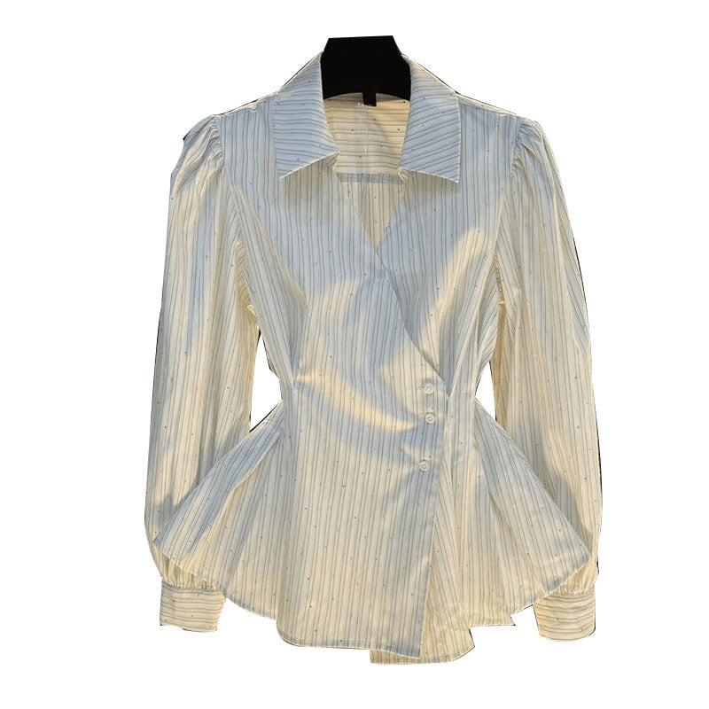 Temperament Waist-tie Long-sleeved Shirt Striped Cardigan Women