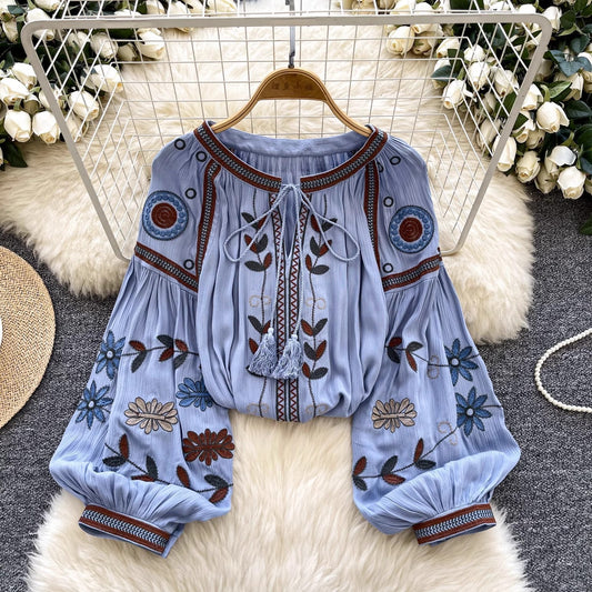 Round Neck Tie Lantern Sleeve Women's Autumn New Loose Shirt